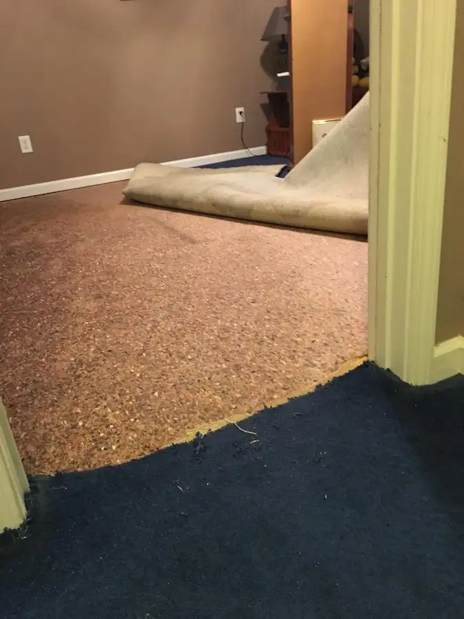 Carpet pad removal revealing water damage during Drying & Dehumidification in Tillmans Corner